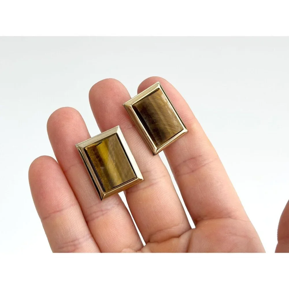 Faux Tiger's Eye Gold Toned Rectangular Vintage 80's Style Cuff Links